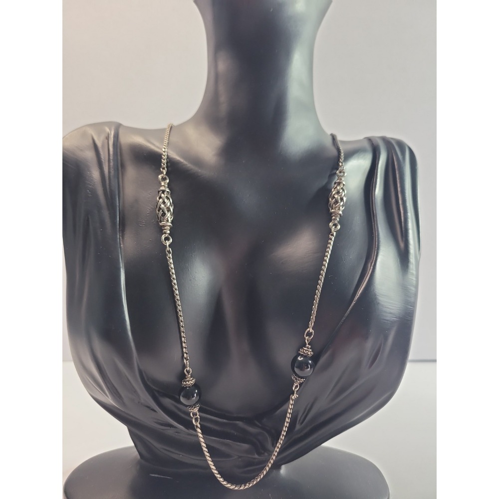 Silver Tone Black Bead Station Necklace Filigree Boho Vintage Style Chain